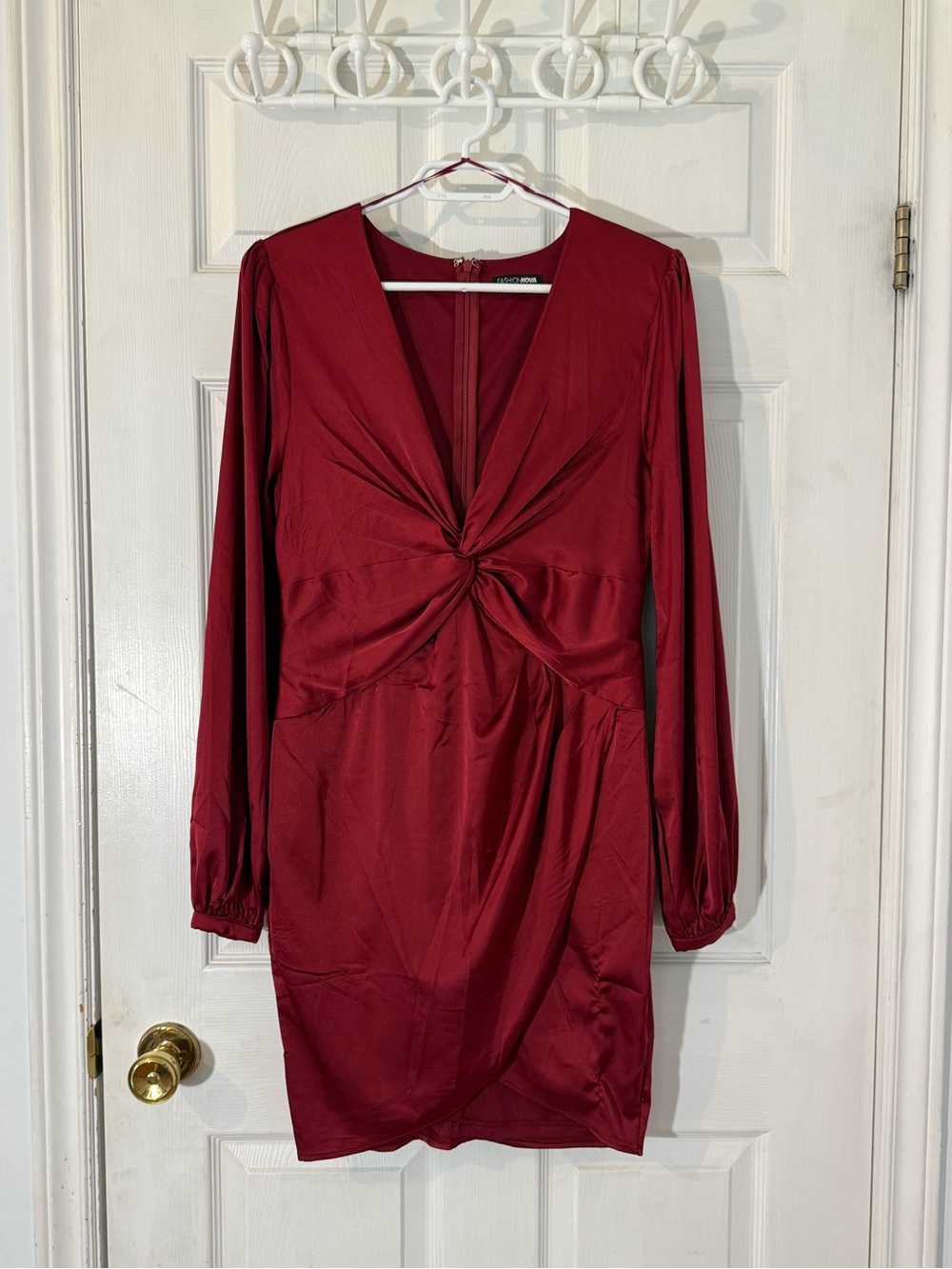 Fashion Nova Burgundy Twist-Front Long Sleeve Dress